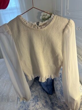Aritzia Cream Smocked Puff-Sleeve Blouse